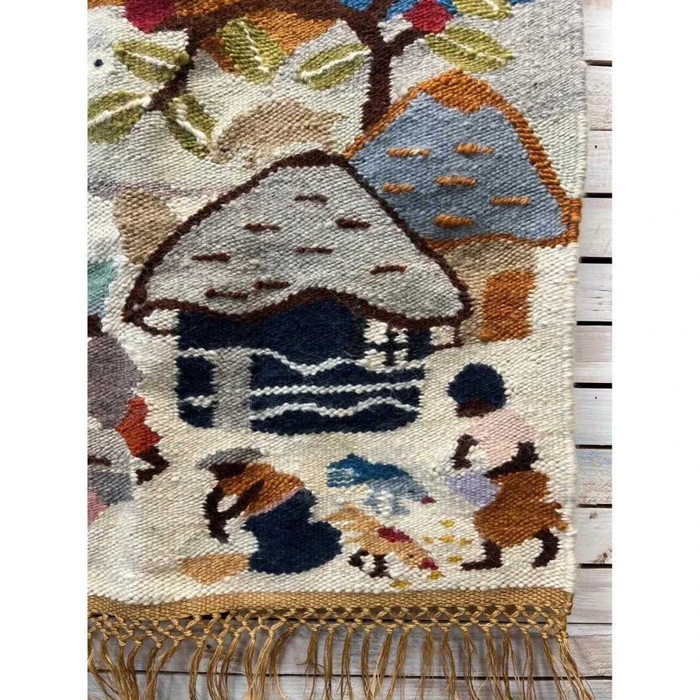 Vintage Afro Weavers Wool Hand Woven Tapestry Village Scene Wall Hanging 95x90